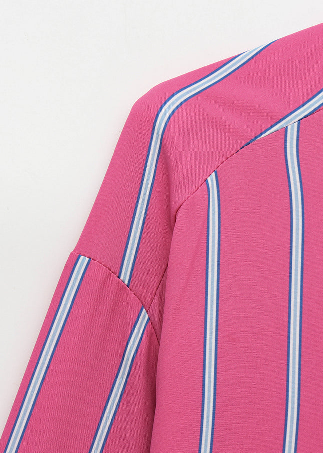 Striped Print pink Color Long Sleeve Turn Down Collar Buttons up Casual Fashion Tops Blouse for Women