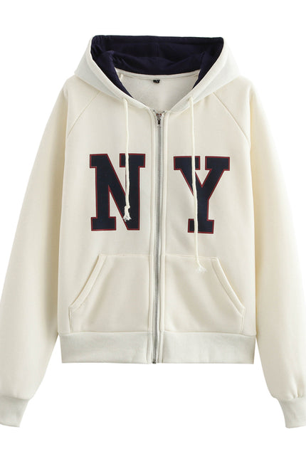 Letter Print Beige Color Long Sleeve Zipper Fly Casual Fashion Jacket with Hooded for Women
