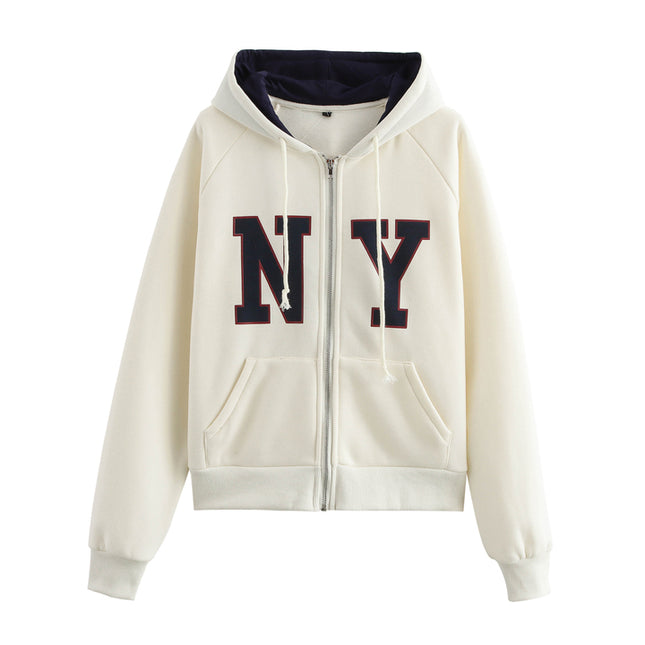 Letter Print Beige Color Long Sleeve Zipper Fly Casual Fashion Jacket with Hooded for Women