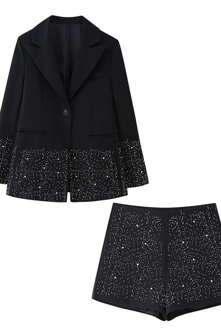 Black Color Long Sleeve Notched Collar Beading Single Button Casual Fashion blazer Jacket for Women