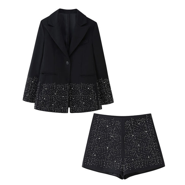 Black Color Long Sleeve Notched Collar Beading Single Button Casual Fashion blazer Jacket for Women