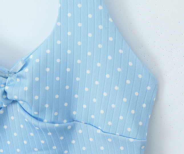 Light Blue Color Polka Dot Print Back Hollow Out Casual Fashion Women's Halter Crop tank Top