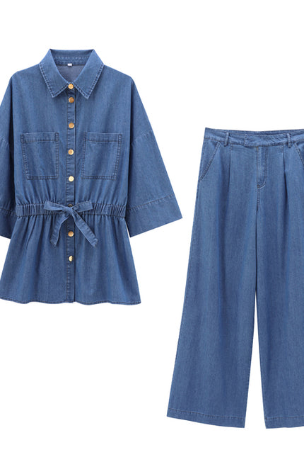 Turn Down Collar Half Sleeve Buttons up Denim Blue Color Buttons up Casual Fashion Tops Shirts for Women