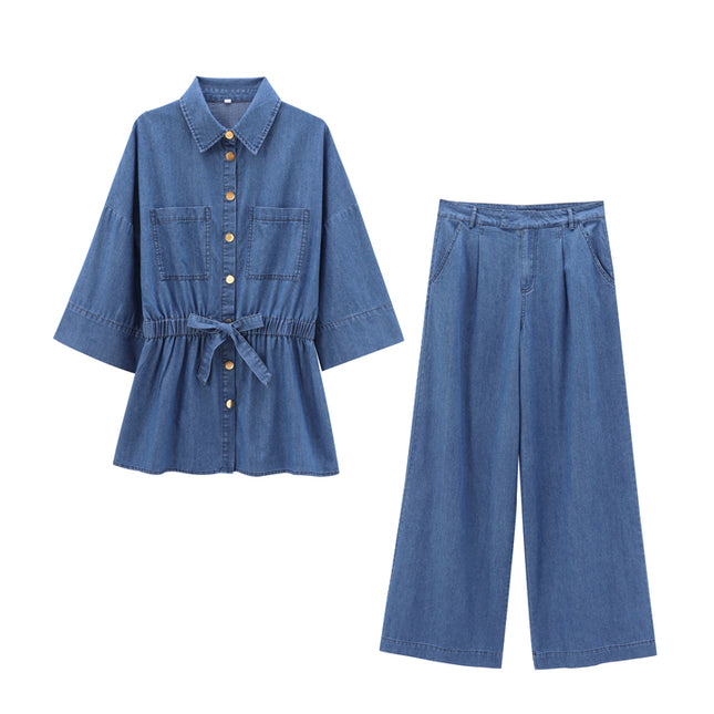 Turn Down Collar Half Sleeve Buttons up Denim Blue Color Buttons up Casual Fashion Tops Shirts for Women