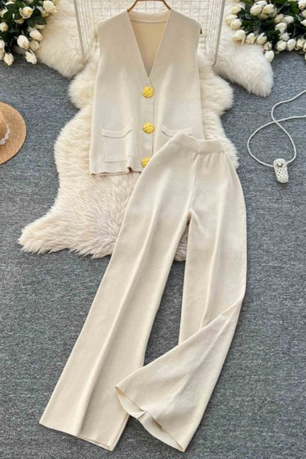 Verão Solid Sleeveless Cardigan Set Casual Metal Button Knit Vest Wide Leg Pants Set Knit Two Piece Set Mulheres