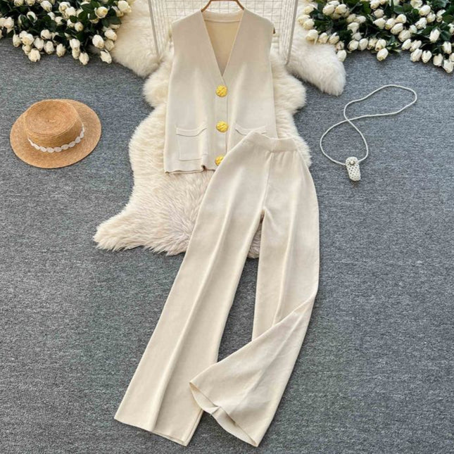 Verão Solid Sleeveless Cardigan Set Casual Metal Button Knit Vest Wide Leg Pants Set Knit Two Piece Set Mulheres