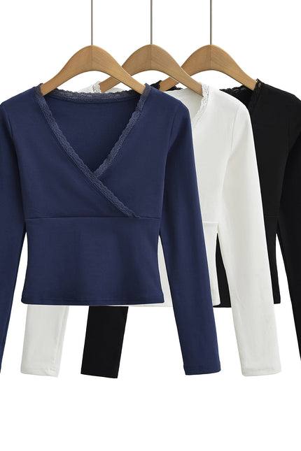 V Neck Long Sleeve Solid Color Lace Casual Fashion t Shirt for Women