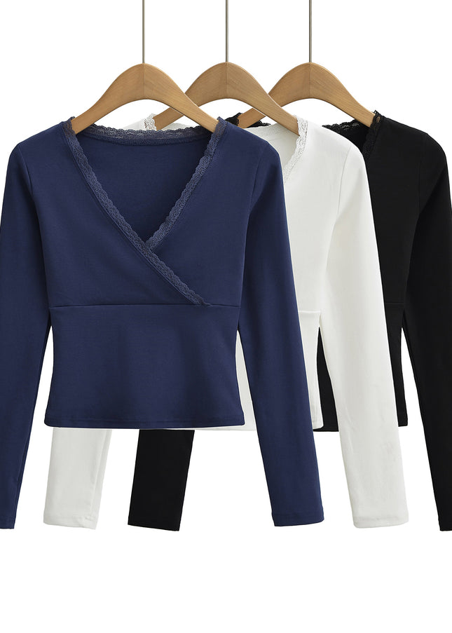 V Neck Long Sleeve Solid Color Lace Casual Fashion t Shirt for Women
