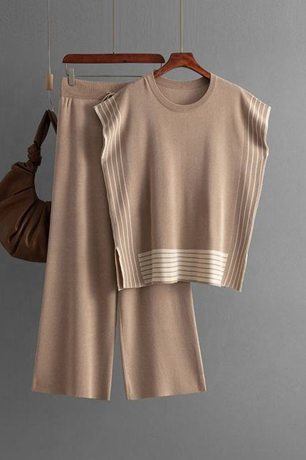 Fashion Suit Women's Striped Splicing Crew-neck Loose Knit Two-piece Set of High-waisted Straight Leg Wide-leg Pants