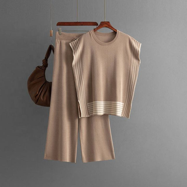Fashion Suit Women's Striped Splicing Crew-neck Loose Knit Two-piece Set of High-waisted Straight Leg Wide-leg Pants