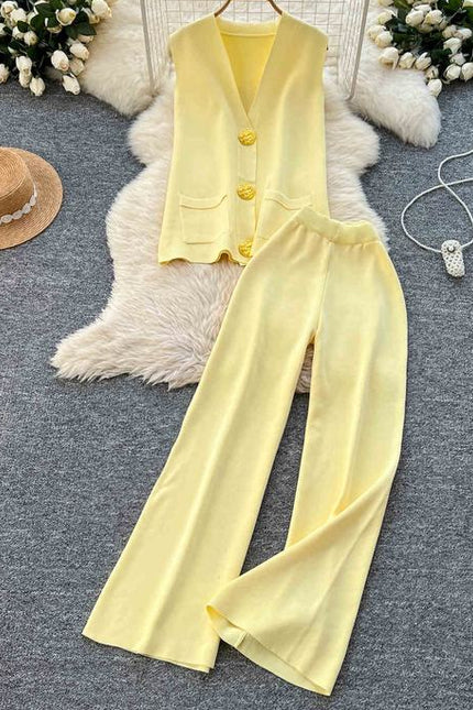 Verão Solid Sleeveless Cardigan Set Casual Metal Button Knit Vest Wide Leg Pants Set Knit Two Piece Set Mulheres