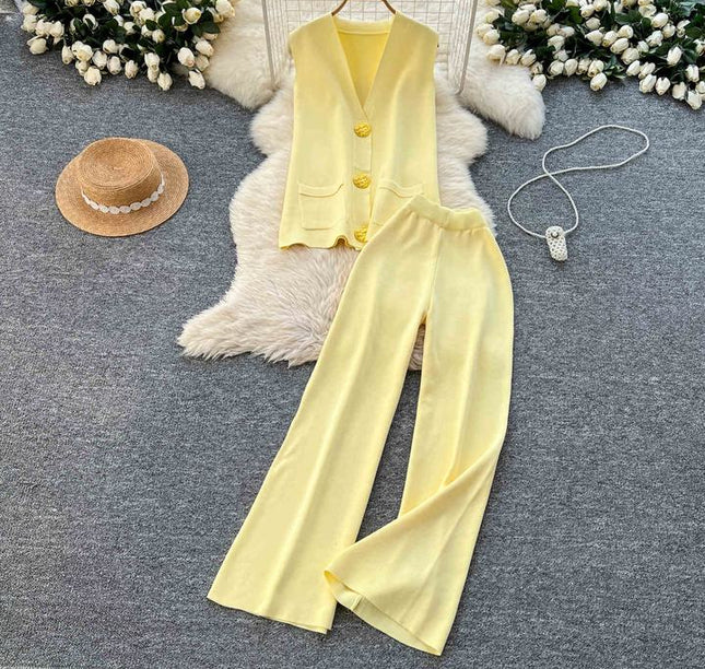 Verão Solid Sleeveless Cardigan Set Casual Metal Button Knit Vest Wide Leg Pants Set Knit Two Piece Set Mulheres