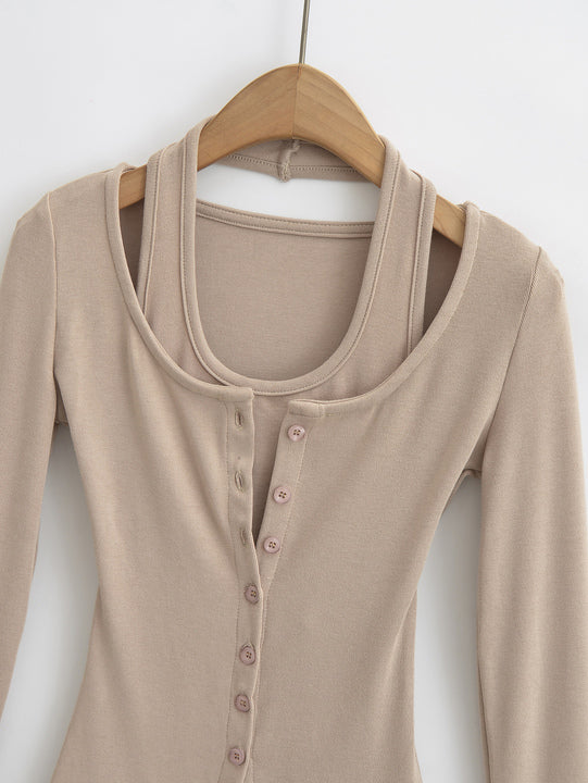2 Colorway Solid Color Buttons up Long Sleeve Casual Fashion Women t Shirt