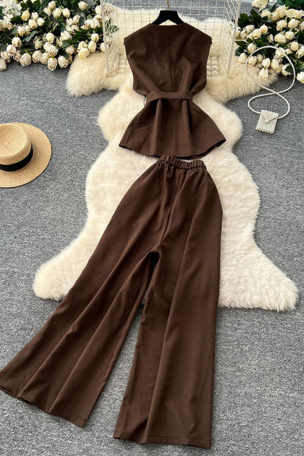 Round Neck Sleeveless Vest Women High Waist Casual Wide Leg Pants Summer Two Piece Suit