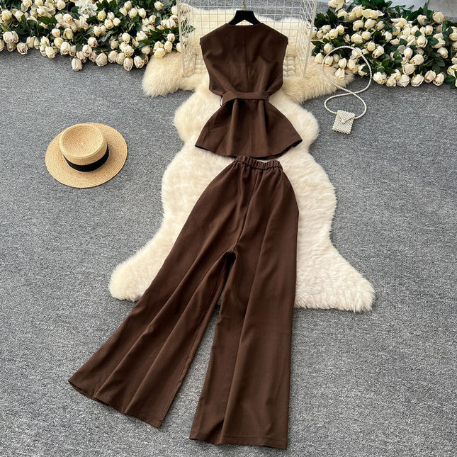 Round Neck Sleeveless Vest Women High Waist Casual Wide Leg Pants Summer Two Piece Suit