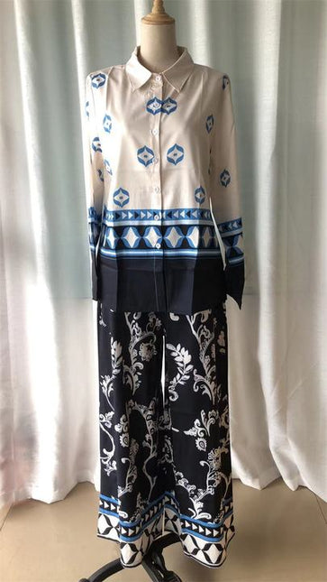 Women's 2024 New Fashion Positioning Print Loose Long Sleeved Top Wide Leg Pants Two Piece Set