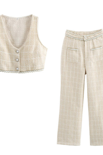 V Neck Single Breasted Vest Waistcoat Beige Color Plaid Pattern Long Pants Women Casual 2 Piece Set