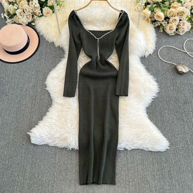Knit Dress Women'S New Square Neck Sexy Slim Tight Dresses