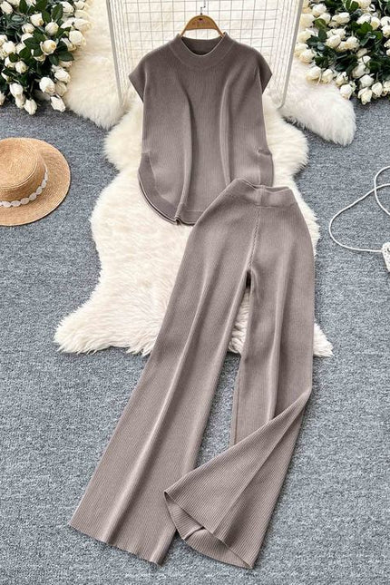 Two-piece Knitted Suit for Women Loose-fitting Round-neck Sleeveless Top Slit High-waisted Wide-leg Trousers