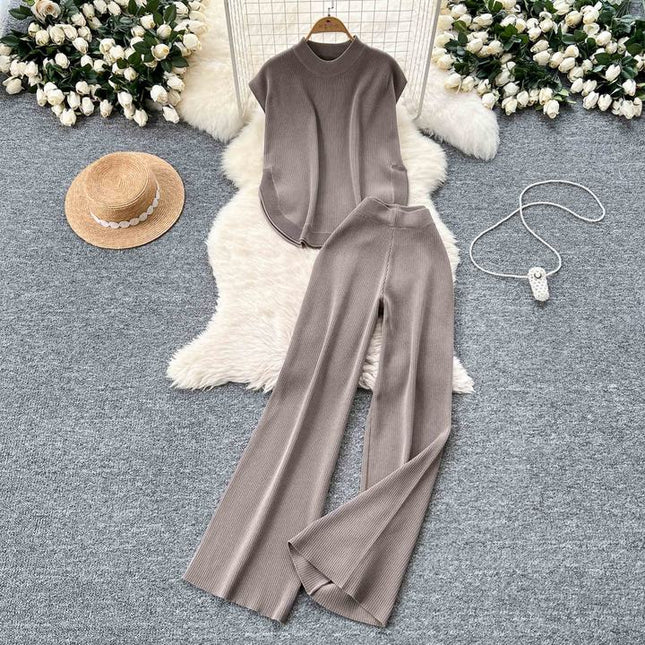 Two-piece Knitted Suit for Women Loose-fitting Round-neck Sleeveless Top Slit High-waisted Wide-leg Trousers