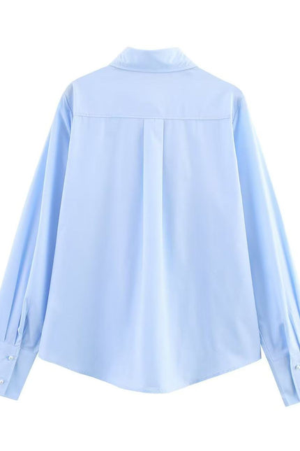 Turn Down Collar Long Sleeve Blue Color Bow Tie Casual Fashion Tops Blouse for Women