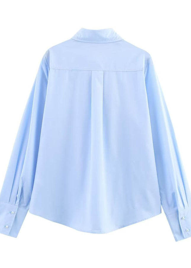 Turn Down Collar Long Sleeve Blue Color Bow Tie Casual Fashion Tops Blouse for Women
