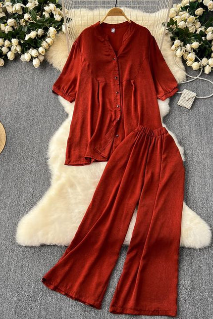 Women Loose Versatile Short-Sleeved Shirt Wide-Legged Pants Casual Two Piece Set