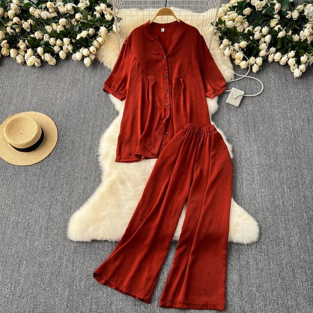 Women Loose Versatile Short-Sleeved Shirt Wide-Legged Pants Casual Two Piece Set