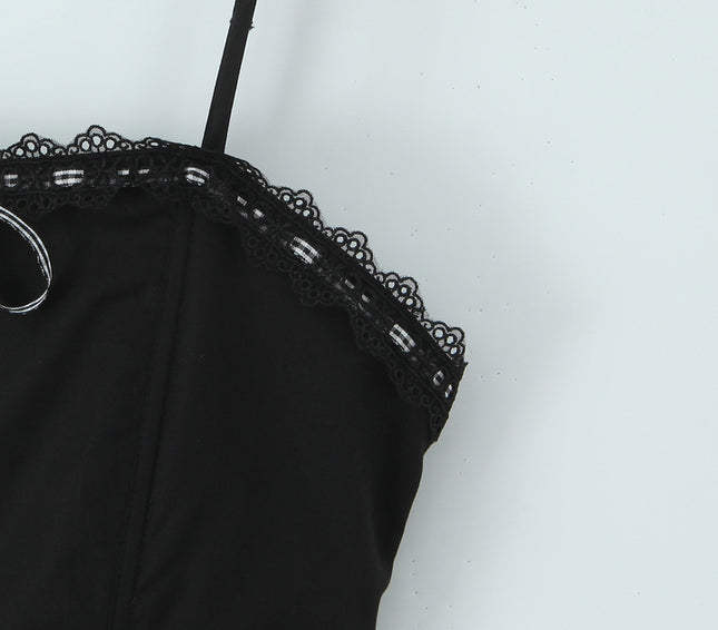 Front Lace up Spaghetti Strap Black White Color Hot Sale Casual Fashion Summer Mini Cotton slip Dress for Women
