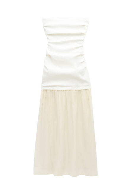 Strapless White Beige Color Patchwork Design Causal Fashion Long Summer Dress for Women