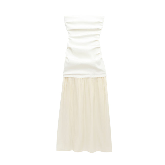 Strapless White Beige Color Patchwork Design Causal Fashion Long Summer Dress for Women