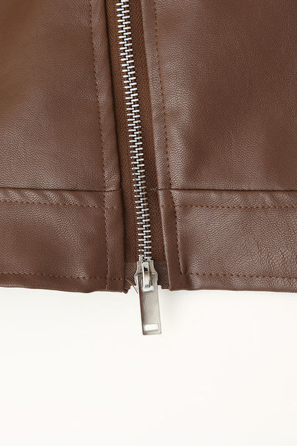 2 Colorway Notched Collar Long Sleeve Solid Color Zipper Fly Casual Fashion PU Leather Motorcycle Jacket for Women