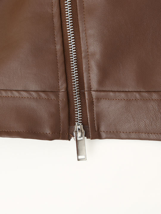 2 Colorway Notched Collar Long Sleeve Solid Color Zipper Fly Casual Fashion PU Leather Motorcycle Jacket for Women
