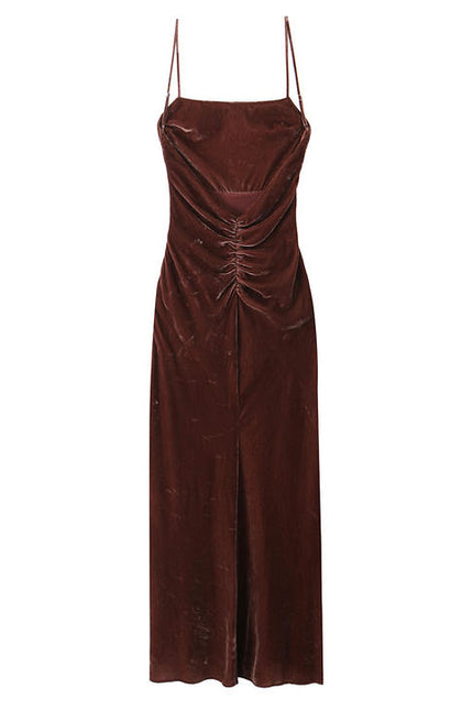 Brown Color Spaghetti Strap Front Pleated Casual Fashion Maxi slip Dress for Ladies