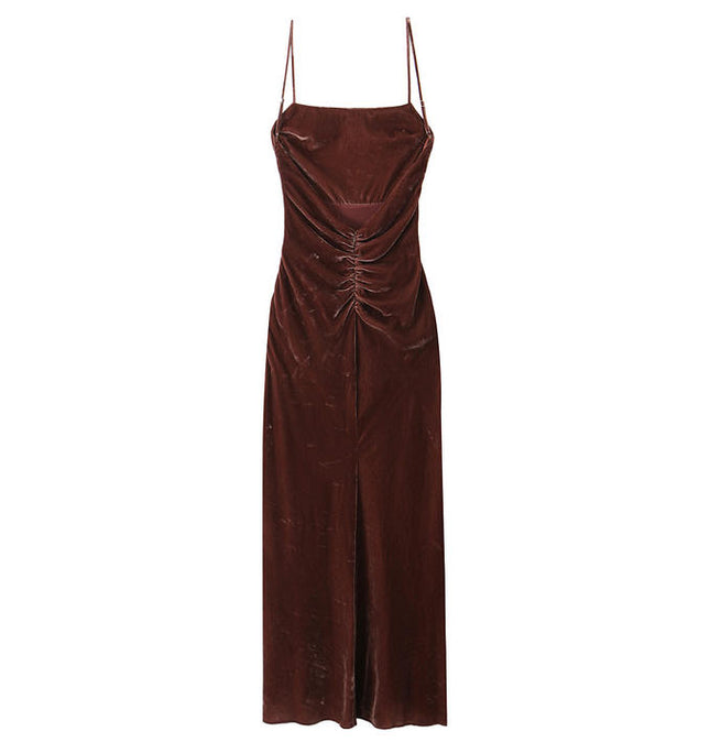 Brown Color Spaghetti Strap Front Pleated Casual Fashion Maxi slip Dress for Ladies