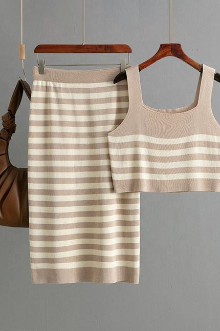 2025 New Set Women Two Pieces Set Knit Skirt Stripe Set