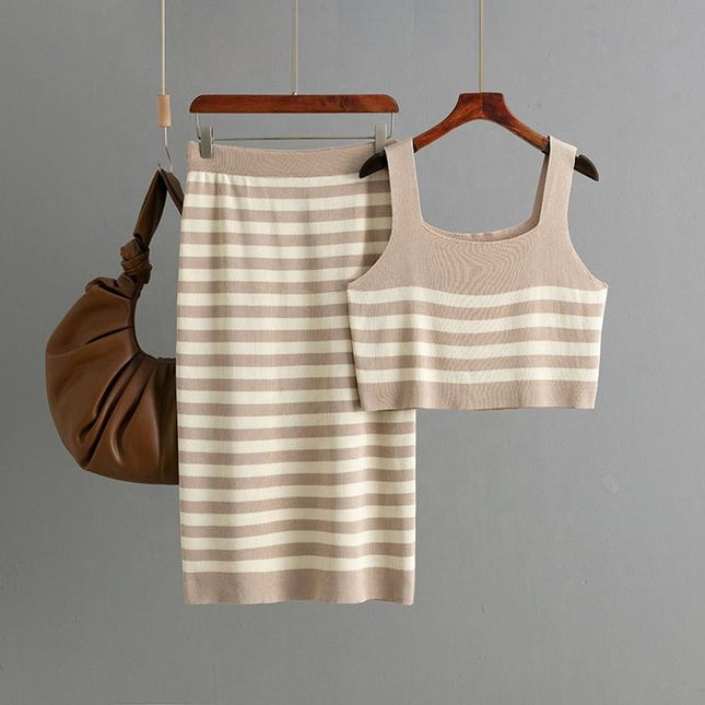2025 New Set Women Two Pieces Set Knit Skirt Stripe Set