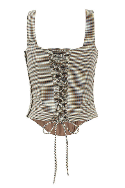Shoulder Strap Plaid Print Brown Color Back Lace up Casual Fashion Women's tank Top