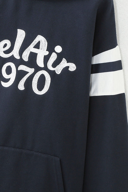 Letter Embroidery Navy Color Long Sleeve Casual Fashion Sweatshirt Hoodie for Women