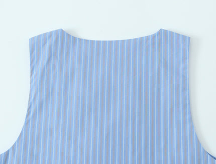 Crew Neck Striped Print Blue Color Buttons up Casual Fashion Vest Waistcoat for Women