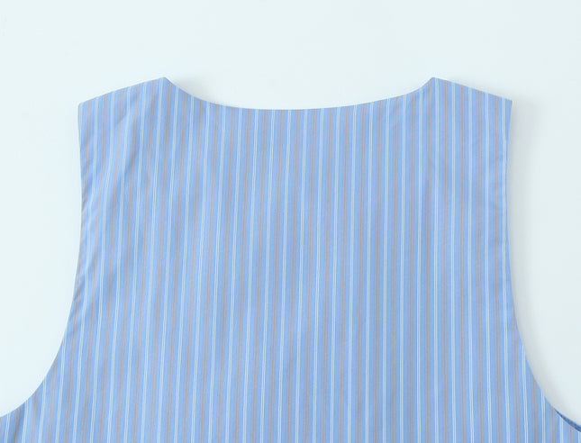 Crew Neck Striped Print Blue Color Buttons up Casual Fashion Vest Waistcoat for Women