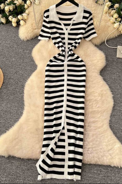 Vintage Lapel Single Breasted Cardigan Striped Women Knit Long Dresses