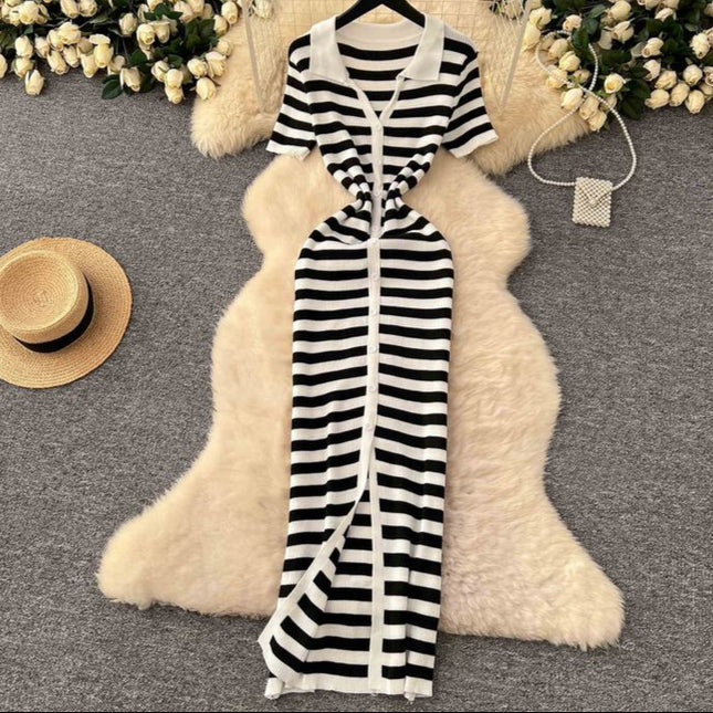 Vintage Lapel Single Breasted Cardigan Striped Women Knit Long Dresses
