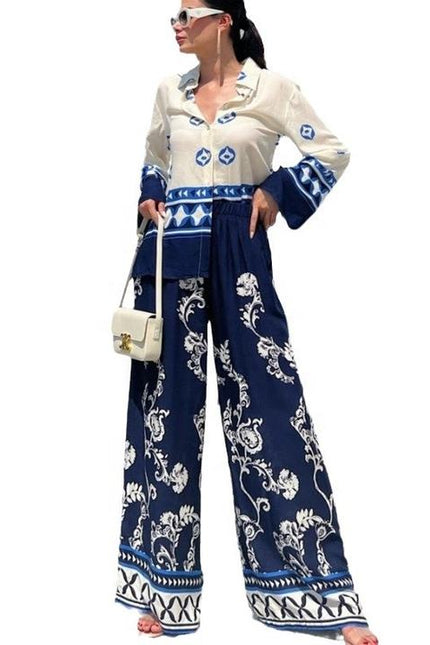 Women's 2024 New Fashion Positioning Print Loose Long Sleeved Top Wide Leg Pants Two Piece Set