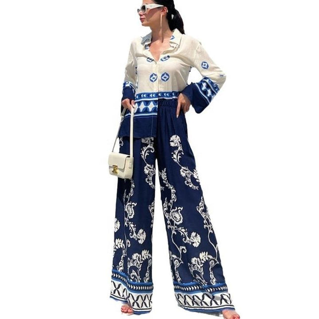 Women's 2024 New Fashion Positioning Print Loose Long Sleeved Top Wide Leg Pants Two Piece Set
