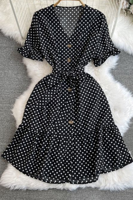 Short Sleeved V-Neck Lace-Up Single-Breasted A-Line Ruffled Polka Dot Dress Female