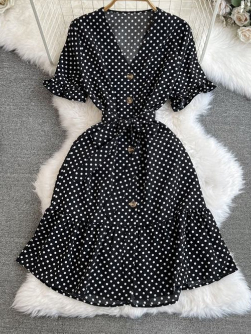 Short Sleeved V-Neck Lace-Up Single-Breasted A-Line Ruffled Polka Dot Dress Female