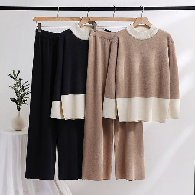 Women Autumn Wear New Korean Version of Loose Thick Fashion Knitting Wide-Leg Pants Sweater Two-Piece Set