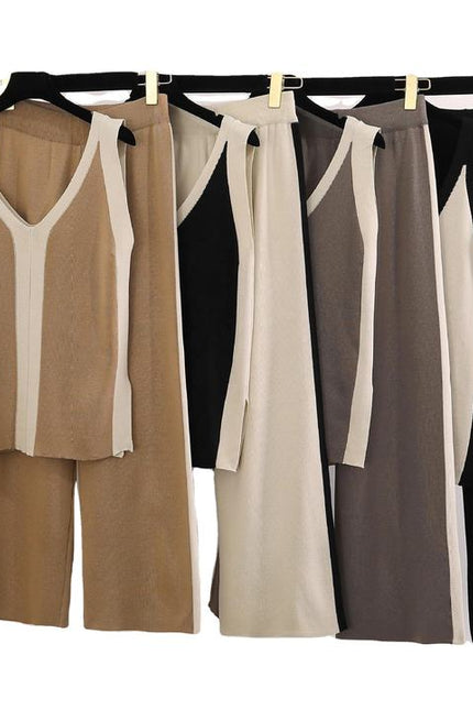 New Color Matching V-neck Vest Knitted Split Top Color Matching Wide Leg Pants Knitted Two-piece Set