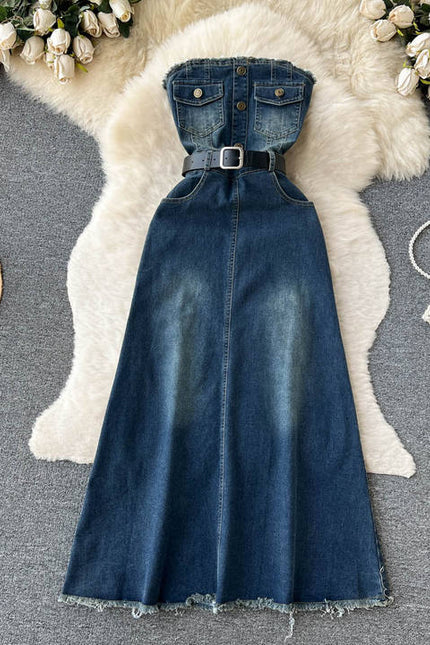 Style Temperament Slimming One Line Shoulder Chest Vintage Denim Large Swing A-Line Long Dress